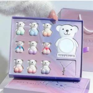 ART VALUE Cute Bear Makeup Set – 6 Matte Liquid Lipsticks with Lip Balm, Mirror, Necklace & Bear Gift Ornaments